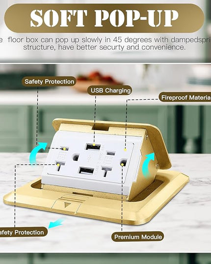 Hoolerry 8 Pack Pop up Floor Electrical Outlet Cover Box Kit with 4.8A USB Charger 20Amp Waterproof Weatherproof Floor Tamper Resistant Outlet Receptacle for Countertop Home (Gold)