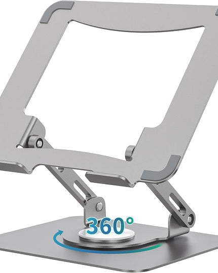 SOUNDANCE Laptop Stand with 360° Rotating Base, Ergonomic Computer Riser for Desk, Adjutable Height Muti-Angle, Foldable Laptop Mount, Stable Metal Holder Support 10-15.6" Notebook PC, Silver Grey