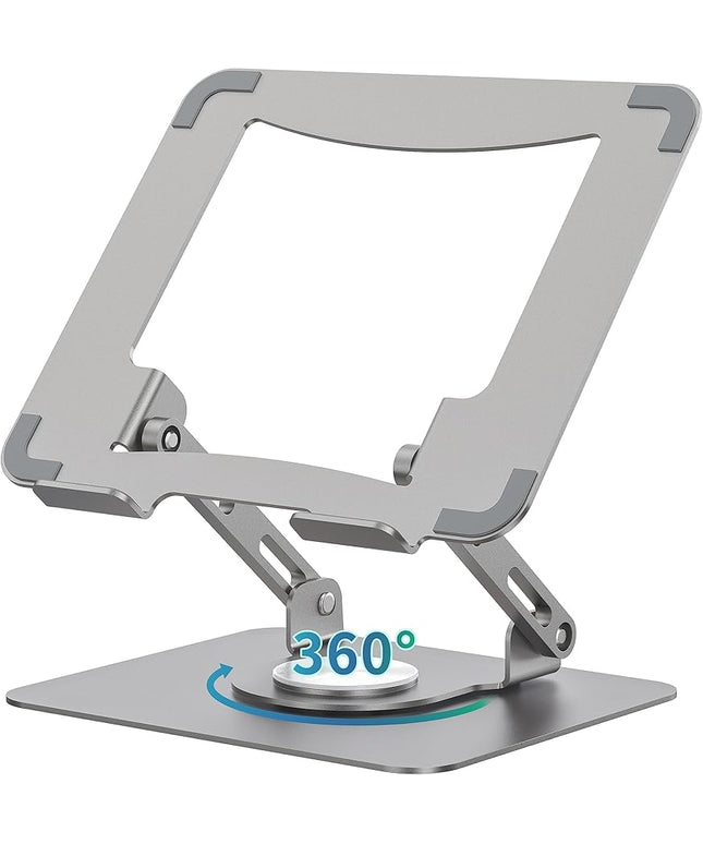 SOUNDANCE Laptop Stand with 360° Rotating Base, Ergonomic Computer Riser for Desk, Adjutable Height Muti-Angle, Foldable Laptop Mount, Stable Metal Holder Support 10-15.6" Notebook PC, Silver Grey