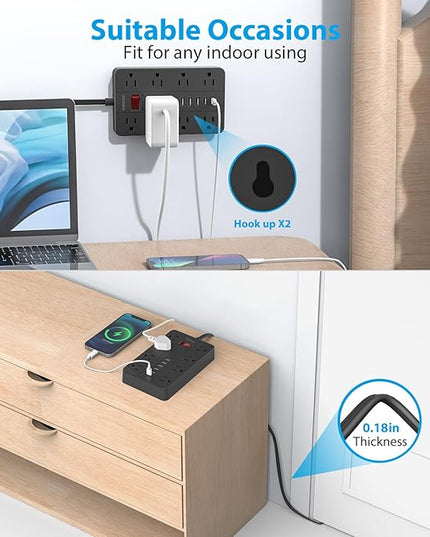 Power Strip with USB,SMNICE Surge Protector Flat Plug with 8 Widely-Spaced Outlets & 6 USB(1USB C) Ports, Wall Mountable 5ft Extension Cord for Smartphone Tablet Laptop Computer Multiple Devices