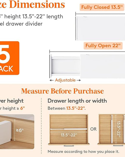Lifewit 5 Pack Drawer Dividers Plastic 6" High, 13.5-22" Adjustable Drawer Organizers for Clothes, Expandable Dresser Separators in Bedroom/Bathroom/Kitchen/Fridge/Office Organization and Storage