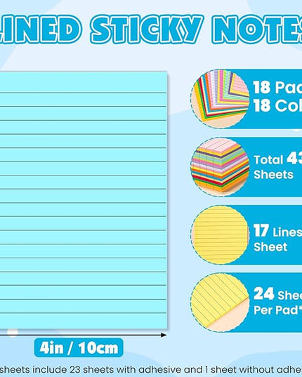 18 Pads Lined Sticky Notes, 18 Colors 4in x 6in Self Stick Note Pads, Strong Adhesive Sticky Note with Lines, Large Sticky Notes for School, Home, Office, 24 Sheets/Pad