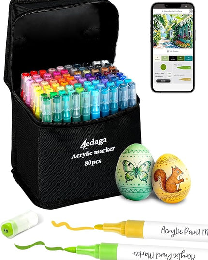 YHC 80 Colors Acrylic Paint Pens with Free App, Dual Tip Acrylic Paint Markers with Brush Tip and Fine Tip for Adults, Kids, Eggs, Wood, Rock, Canvas, Plastic, Stone, Glass, Ceramic