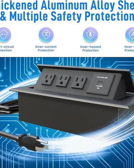 Conference Table Power Outlet PD20W Type-C Fast Charging Pop Up Table Hub Connection Box with 3AC Outlets and USB Port for Conference Room Kitchen Countertop