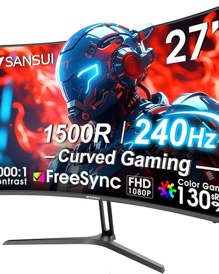 SANSUI 27 Inch Curved 240Hz Gaming Monitor FHD 1080P, 1500R Curve Computer Monitor, 130% sRGB, 4000:1 Contrast, HDR, FreeSync, MPRT 1Ms, Low Blue Light, HDMI DP Ports, Metal Stand, DP Cable Incl.