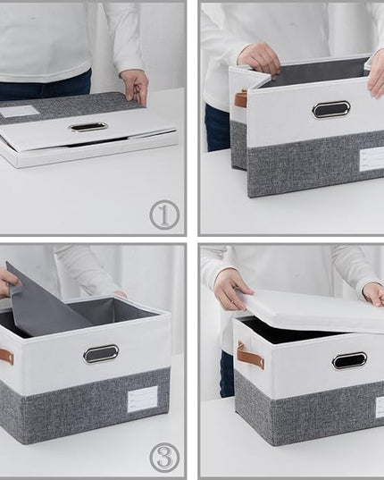 PRANDOM Foldable Storage Bins with Lids [3-Pack] Fabric Collapsible Storage Boxes Baskets Cubes Containers with Handles for Closet Living Room Bedroom (Grey & White 14.9x9.8x9.8'')