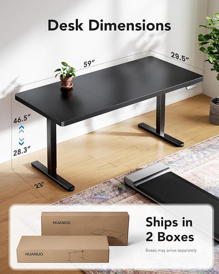 HUANUO 60 x 30 inch Large Standing Desk, Powerful Brushless Motor Large Height Adjustable Table, 4 Memory Preset Stand Up Work Station Sit Stand Desk, Home Office with Thick T-Shaped Frame
