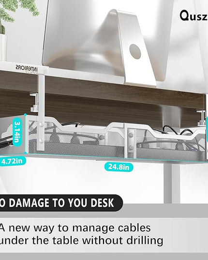 Under Desk Cable Management Tray 24.8", Quszmd Cable Organizer No Drill, Standing Cord Organizer and Wire Management Tray - No Damage to Desk, White
