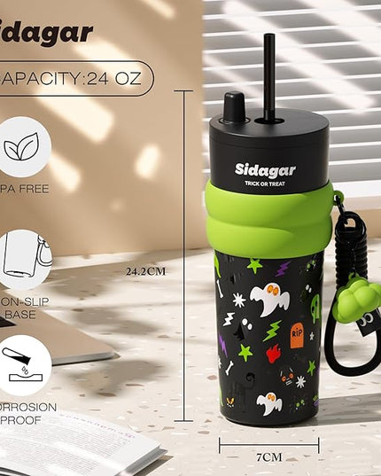 24 oz Tumbler with Lid and Straw, Insulated Coffee Mug Leak Proof, Portable Iced Travel Water Bottle, Reusable Thermal Coffee Cup, Gift for Women, Halloween