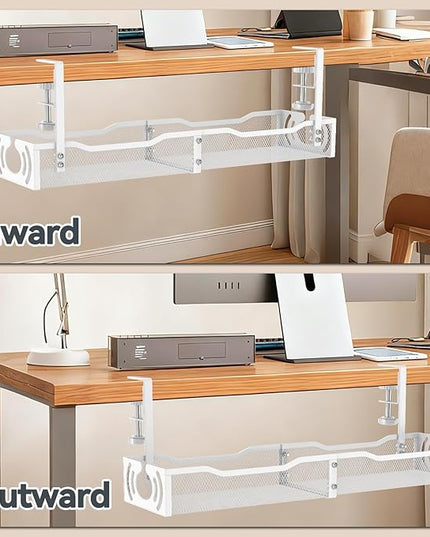 Cable Management, 25.3'' Under Desk Cable Management Tray No Drill, Metal Cable Organizer with Clamp for Wire Management, Cord Organizer for Home Office, Desk Accessories Organizer, White