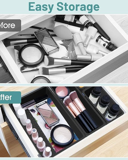 WOWBOX 25 PCS Plastic Drawer Organizer Set, Desk Drawer Divider Organizers and Storage Bins for Makeup, Jewelry, Gadgets for Kitchen, Bedroom, Bathroom, Office, Deep Black