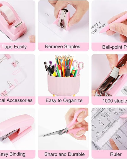 Desk Organizers and Accessories Set with 360-Degree Rotating Pen Holder, Tape Dispenser, Stapler, Staple Remover, 1000 Staples, Tape, Clips Set, Ruler, Scissor, Pen