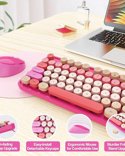 Wireless Keyboard and Mouse Combo, Ergonomic Full Size Typewriter Retro Round Keycaps Keyboard, Compatible with Windows, PC, Perfer for Home and Office Keyboards （Red）
