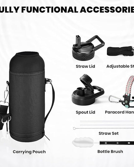 Insulated Water Bottle 40 oz, Triple Wall Vacuum Stainless Steel (Cold for 48 Hrs), Leak Proof & BPA-Free, Modern Water Flask Jug with Paracord Handle & Straw Spout Lids, Hydrangea