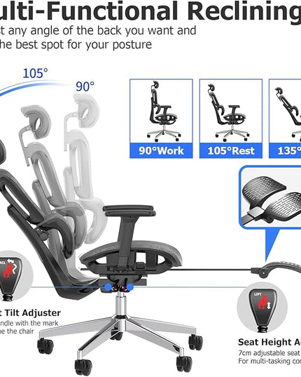 PatioMage Ergonomic Office Chair, Big and Tall Desk Chair with Adjustable Lumbar Support & Seat Depth, High Back Computer Chair, Swivel Mesh Chairs with Wheels for Home Office, Darkgrey