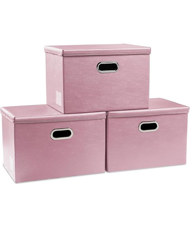 PRANDOM Large Stackable Storage Bins with Lids [3-Pack] Leather Fabric Foldable Storage Boxes Organizer Containers Baskets Cube with Cover for Bedroom Closet Office Nursery Pink (17.7x11.8x11.8)