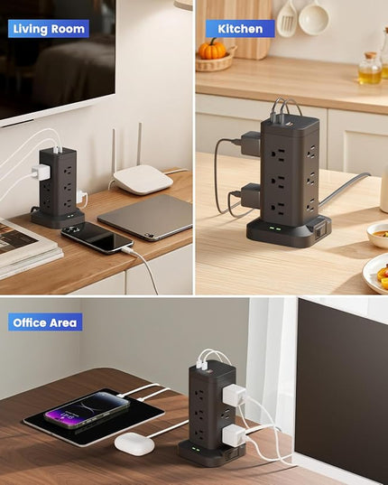 15-in-1 Power Strip Tower with Surge Protector 1800J, Fast Charging Tower PD20W USB-C Ports with 12 AC Outlets, 15ft Extension Cord for Home Office Dorm Room, Black