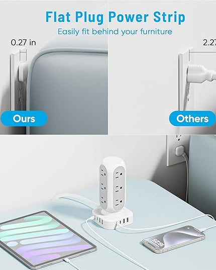 65W Fast Charging Station, Flat Plug Power Strip Tower with 12 AC Outlets & 8 USB Ports (2 PD USB-C Ports), 10FT Extension Cord, Compatible for MacBook Pro, iPhone Series.