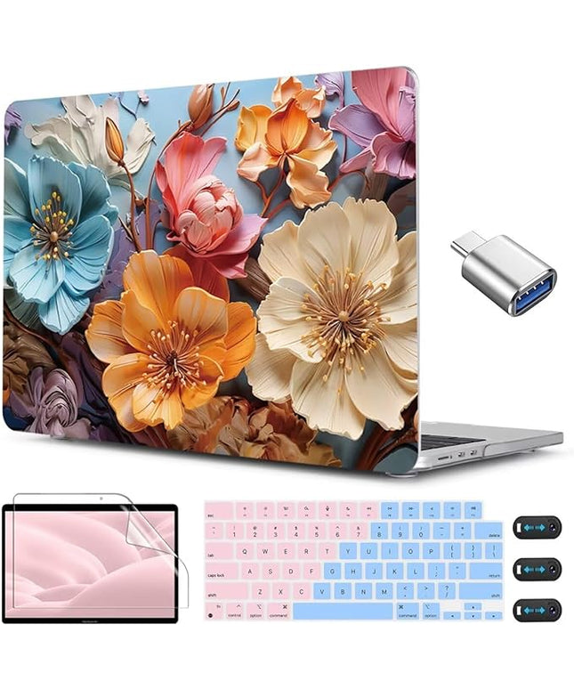 CISSOOK for MacBook Air 13 inch M2 M3 M4 Case 2022 2023 2024 2025 Release, Flower Hard Shell Cases with Keyboard Cover OTG Adapter for MacBook Air 13.6 inch A3240 M3113 A2681