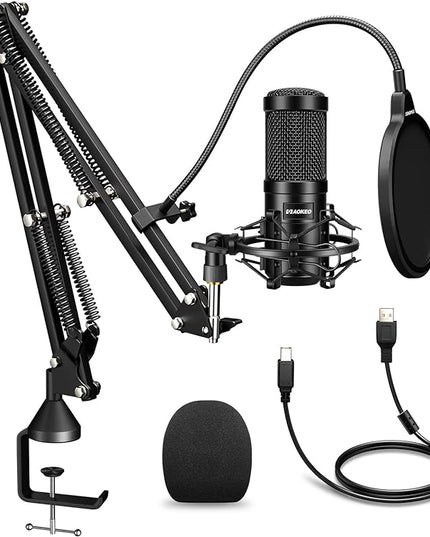 Aokeo USB Condenser Microphone, 192kHZ/24bit Professional PC Streaming Podcast Cardioid Microphone Kit with Boom Arm, Shock Mount, Pop Filter, for Recording, Gaming, YouTube,Meeting, Discord