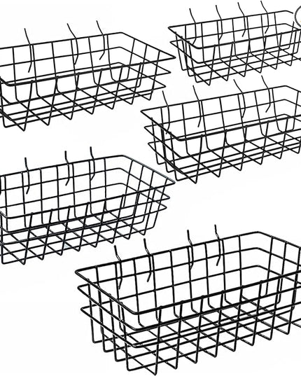 5-Piece Pegboard Baskets Set - Heavy Duty Peg Board Organizer Accessories Bin Set, Premium Black Metal Wire Baskets Tool Shelves, Wall Mount Storage for Garage Workshop Craft Room