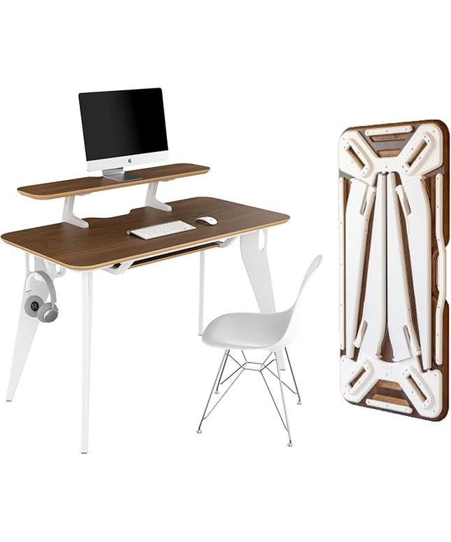 HOEK Desk Bundle, 47.5" x 23", Modular Collapsible Workstation with SNAP Assembly, Monitor Shelf, Under Shelf, Side Hook and Wall Cleat, Portable Folding Computer Desk for Home Office (Walnut/White)