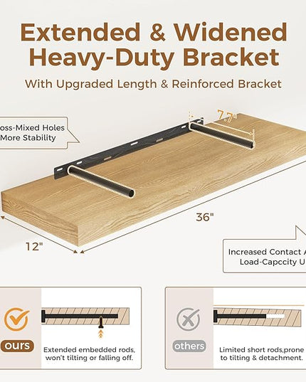 Floating Shelves 36 Inch Long, 12 Inch Deep Floating Shelves for Wall, 36 x 12 Shelves for Wall Storage & Display, 2" Thick Floating Shelf for Bathroom, Living Room, Bedroom, Oak Color, Set of 2