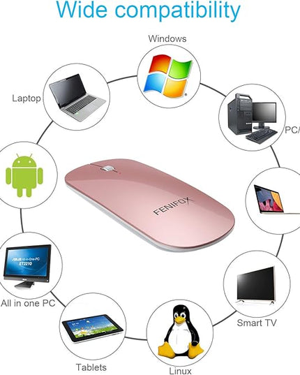 FENIFOX Bluetooth Mouse Slim, Whisper-Quiet Mini Flat Portable Mobile Mice Rechargeable Compatible with Laptop,PC,Android Windows Tablet (Rose Gold)