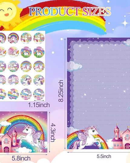 TaoBary 160 Pcs Stationery Paper Set 50 Double Sided Stationery Papers with 50 Matching Envelopes and 60 Round Dot Sticker, 10 Design(Unicorn,5.5 x 8.25 Inch)
