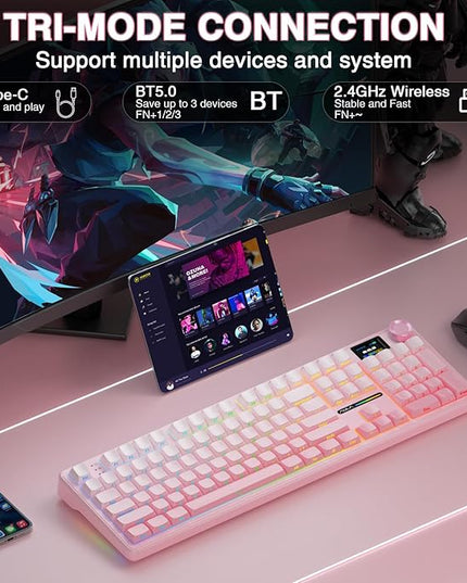 AULA F108 PRO - Wireless Mechanical Keyboard with Screen & Knob,Full Size Keyboard with 8000mAh Battery,Pre-lubed Switches,Side Printed PBT Keycaps,RGB Backlit Hot Swappable Custom Pink Keyboards