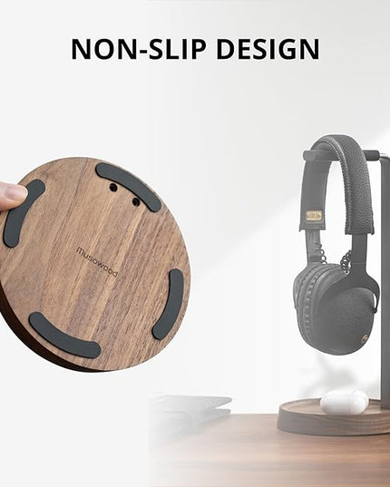 muso wood Walnut Headphone Stand, Universal Headset Stand with Storage Base, Wood Desktop Headphone Holder for Gaming Headset and Music Headset