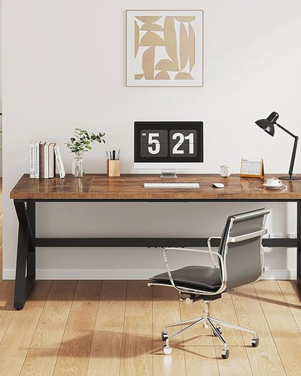 IBF 70 Inch Rustic Brown Desk, Industrial Large Metal Wood Double Computer Desk, Long Home Office Desks Table for 2 People Executive Work Writing Study Gaming, Farmhouse Big Two Person Desk in Bedroom