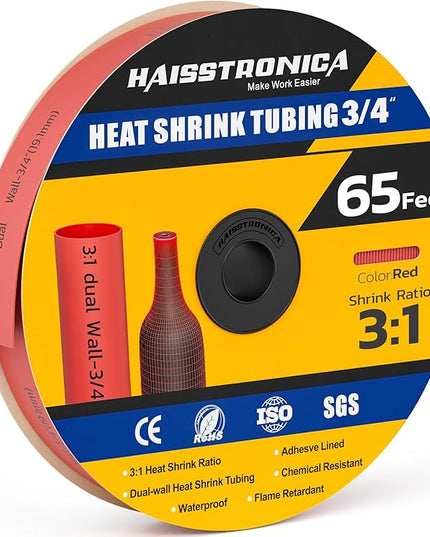 haisstronica 3:1 Heat Shrink Tubing, Shrink Ratio Adhesive Lined Marine Grade Heat Shrink Tube for Home, Automotive and Industrial (Red) 65FT 3/4inch