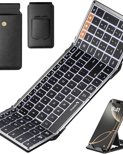 ProtoArc Backlit Foldable Keyboard, XK01 Plus Folding Portable Bluetooth Keyboard for Travel, True Full Size External Wireless Keyboards with Backlight for iPad Tablet Smartphone Laptop PC