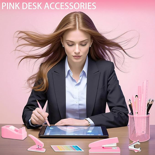 Pink Desk Accessories Set - 16 Pcs Pink Office Supplies with Stapler, Tape Dispenser, Pen Holder, Staple Remover, Hole Punch, Practical Aesthetics Desk Sets for Office, Home, School Women