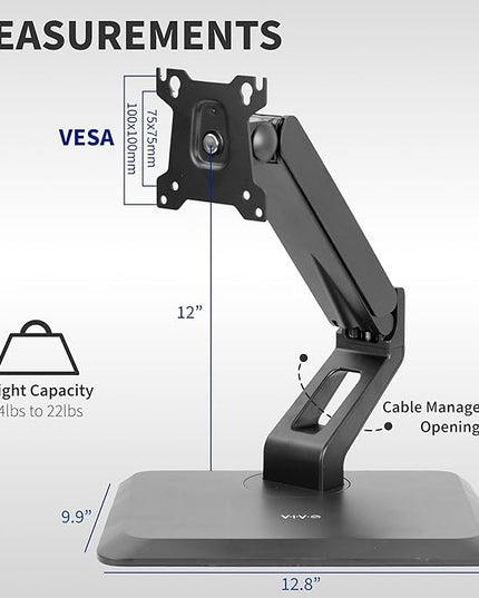 VIVO Premium Single 17 to 32 inch VESA Monitor and Touch Screen Desk Stand with Rotating Base, Freestanding Pneumatic Height Adjustable Arm, 12 inch Maximum Screen Height, Black, STAND-V001R