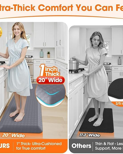 StepRite 1” Thick Kitchen Mats for Floor, Anti Fatigue Kitchen Rugs, Non-Slip,Heavy Duty Waterproof Kitchen Rug, Standing Desk Mat, Gifts for Friends, Family, Home, Kitchen, Office (72" x 20", Grey)