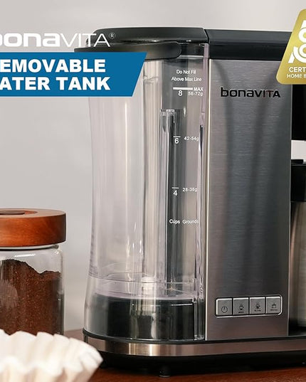 Bonavita Enthusiast 8 Cup Drip Coffee Brewer, Pour Over, SCA Certified Coffee Machine with Glass Carafe, Stainless Steel Panel, Removable Reservoir