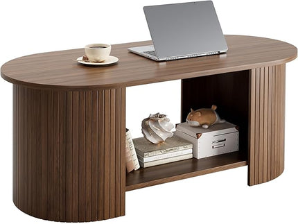OneBlis Oval Fluted Coffee Table, 2-Tier Center Table with Large Storage, Mid-Century Modern Wood Coffees Table for Living Room, Home Office, Small Space, Walnut