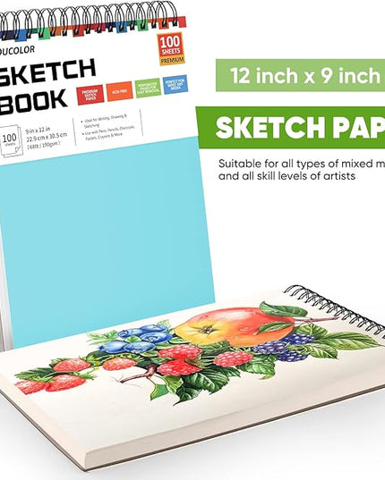 Soucolor 9" x 12" Spiral Bound Blank Sketch Notebook Journal Book- 1-Pack 100 Sheets Acid-Free 68lb/100gsm Paper, Art Sketchbook for Painting, Doodling, Journaling, Kids, Students, Adults, Beginners