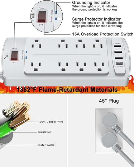 Surge Protector Power Strip - Nuetsa Flat Plug Extension Cord with 8 Outlets and 4 USB Ports, 10 Feet Power Cord (1625W/13A), 2700 Joules, ETL Listed, Grey