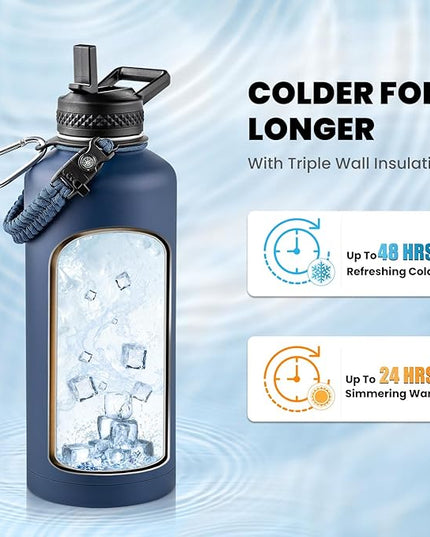 Insulated Water Bottle 87 oz, Triple Wall Vacuum Stainless Steel (Cold for 48 Hrs), Leak Proof & Non-BPA, Modern Water Flask Jug with Paracord Handle & Straw Spout Lids, Navy Blue