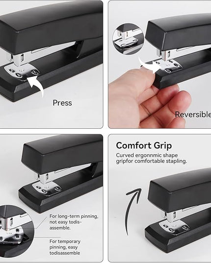 Black Desk Accessories, Office Supplies Set with Stapler, Tape Dispenser, Staple Remover, Pen Holder, Scissor, Binder/Paper Clips, Ballpoint Pen, Clear Tape and 1000pcs Staples