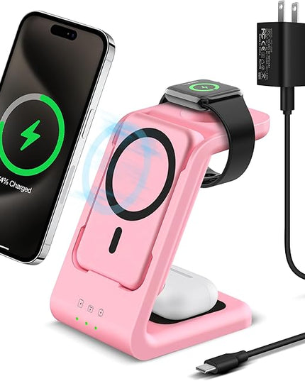 3 in 1 Wireless Charging Station: 5000mAh Removable Power Bank Charger Stand for Phone/Watch/Air Pods - Portable Magnetic Battery Pack for Air 17 16 15 14 13 12 Series Pink