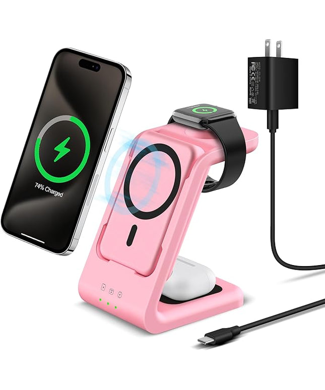 3 in 1 Wireless Charging Station: 5000mAh Removable Power Bank Charger Stand for Phone/Watch/Air Pods - Portable Magnetic Battery Pack for Air 17 16 15 14 13 12 Series Pink