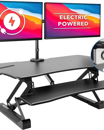 Mount-It! Electric Standing Desk Converter with Dual Monitor Arm, Stand Up Desk Riser X-Large 47.2" Wide, Electric Desk Riser with Mount for 2 Screens (Max 32"), Desktop with Keyboard Tray, USB, Black