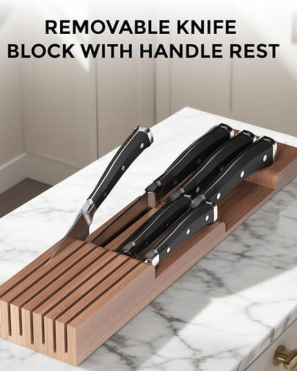 Bamboo-Silverware-Drawer-Organizer-Kitchen, Expandable Utensil Holder Cutlery Tray Flatware Organization Adjustable Wood Tableware Dividers Storage (with Removable Knife Block)(Brown)