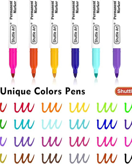 Shuttle Art Permanent Markers, 24 Colors Fine Point Assorted Colors Permanent Marker Set, Works on Plastic,Wood,Stone,Metal and Glass for Doodling, Coloring, Marking