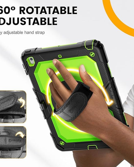 Timecity Case for iPad 9th/ 8th/ 7th Generation 10.2 inch - Heavy Duty Protective Cover with Screen Protector, Rotating Stand, Shoulder Strap & Pencil Holder | Kids-Friendly (Green)