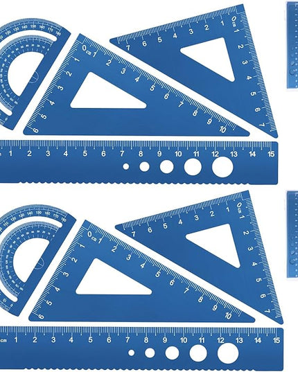 Honagu Triangular Ruler Set, 8 Pieces/2 Sets Aluminum Alloy Ruler, Metal Drafting Ruler, Geometric Protractor for Students, Draftsmen, Engineers, School Office Supplies (Blue+Blue)